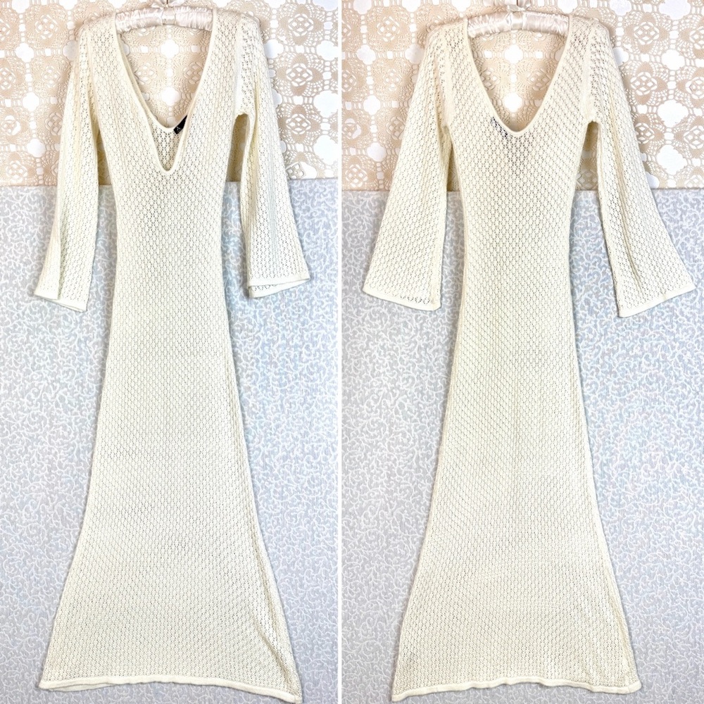 Crochet Deep V Neck Maxi Dress Long Sleeve Knitted Beach Pool Club Festival